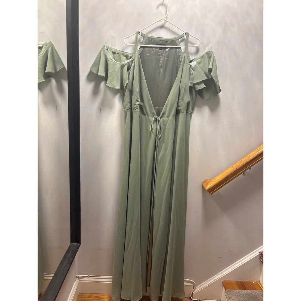 Lulus Maxi Dress Womens XL Sage Green Excellent Cold Shoulder Ruffle Chiffon